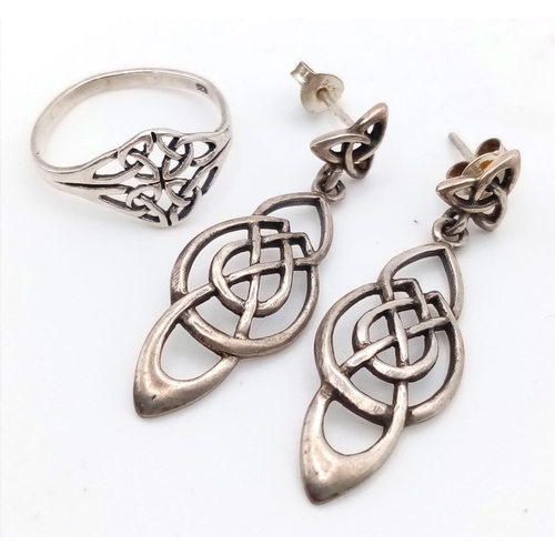 948B - A pair of 925 silver Celtic drop earrings, Come with a silver Celtic knot ring with size N. Total we... 