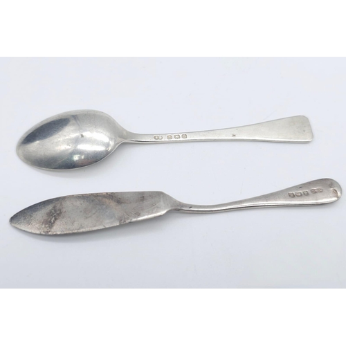 946B - An Antique sterling silver sugar spoon with Full Birmingham hallmarks, 1940 plus a cake knife with f... 