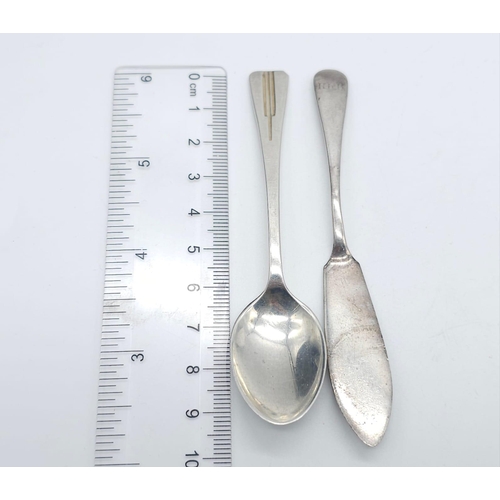 946B - An Antique sterling silver sugar spoon with Full Birmingham hallmarks, 1940 plus a cake knife with f... 