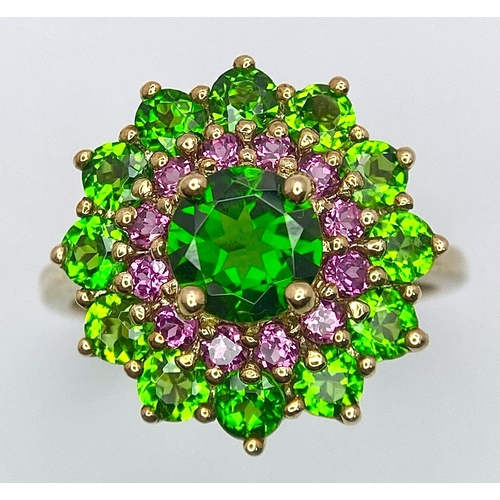 839B - A Stylish 9K Yellow Gold Cluster Ring - Set with Chrome Diopside and Pink Tourmaline. Diopside - 1.2... 