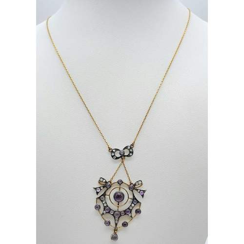 854B - An Edwardian Style Silver and Yellow Gold Cabochon Amethyst and Diamond Necklace. Boxed. Amethysts 1... 