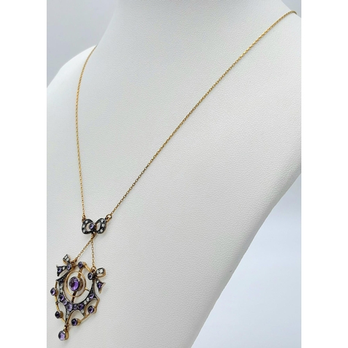 854B - An Edwardian Style Silver and Yellow Gold Cabochon Amethyst and Diamond Necklace. Boxed. Amethysts 1... 