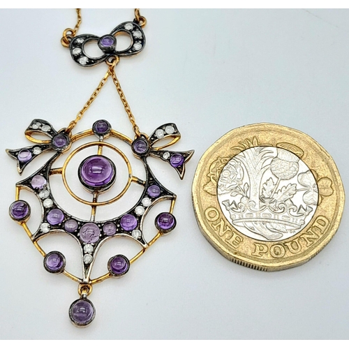 854B - An Edwardian Style Silver and Yellow Gold Cabochon Amethyst and Diamond Necklace. Boxed. Amethysts 1... 