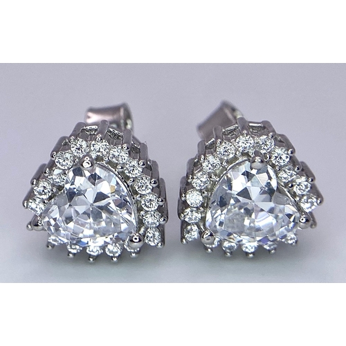 944B - A Pair of Silver Cluster Stud Earrings - Set with heart-shaped CZ and a halo of CZ.