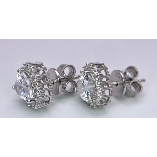 944B - A Pair of Silver Cluster Stud Earrings - Set with heart-shaped CZ and a halo of CZ.