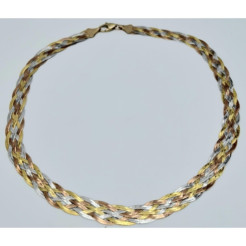 407 - A Beautiful Vintage Italian 9K Tri-Colour Gold Lattice Necklace. 42cm. 12.3g weight.