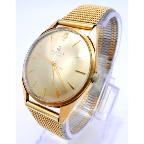 408 - A 1960s 9K Gold Cased Certina Automatic Gents Watch. Gilded stainless steel strap. 9K gold case - 34... 