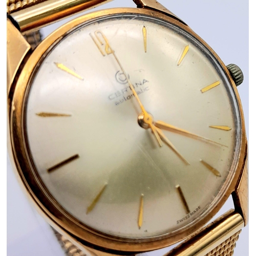 408 - A 1960s 9K Gold Cased Certina Automatic Gents Watch. Gilded stainless steel strap. 9K gold case - 34... 