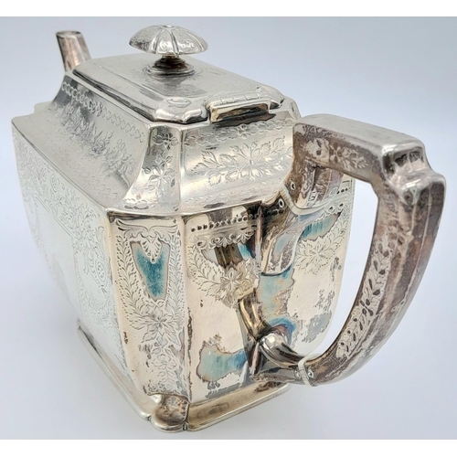 30 - An Antique Sterling Silver Teapot by Atkin Brothers of Sheffield. Rectangular shape with floral deco... 