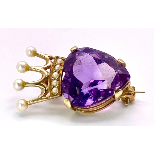 484 - A Spectacular Vintage 9K Yellow Gold, Amethyst and Seed Pearl Crown Brooch. A central heart amethyst... 