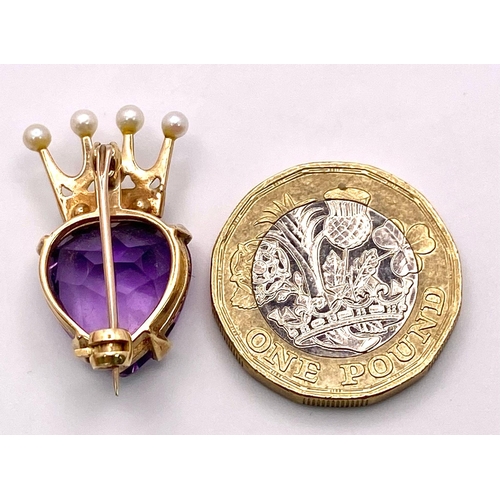 484 - A Spectacular Vintage 9K Yellow Gold, Amethyst and Seed Pearl Crown Brooch. A central heart amethyst... 