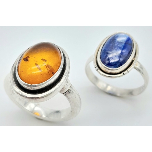 495 - 2X fancy 925 silver solitaire rings include the Amber ring with size O and the blue Moonstone ring w... 