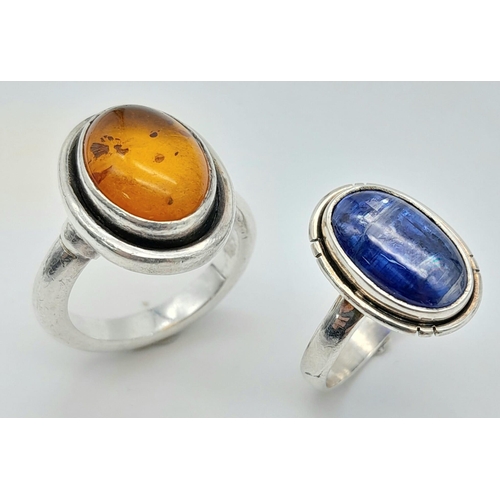 495 - 2X fancy 925 silver solitaire rings include the Amber ring with size O and the blue Moonstone ring w... 