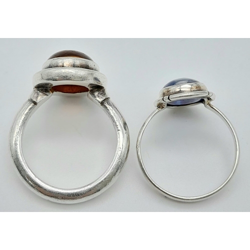 495 - 2X fancy 925 silver solitaire rings include the Amber ring with size O and the blue Moonstone ring w... 