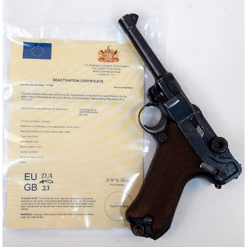 417 - A Deactivated 1915 German Luger P08 Pistol. 10cm barrel length, 9 x 19mm calibre. Comes with an EU d... 