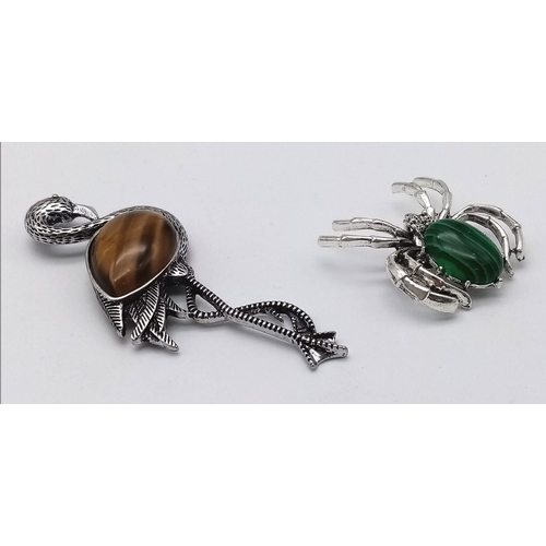 849B - Two Animal Gemstone Brooches: A Tigers Eye Flamingo and a Marcasite Spider! Both set in decorative w... 