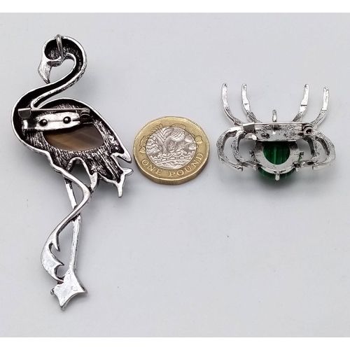 849B - Two Animal Gemstone Brooches: A Tigers Eye Flamingo and a Marcasite Spider! Both set in decorative w... 