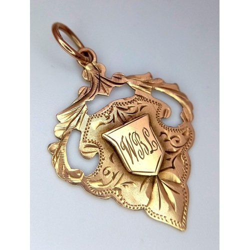 1570 - A 1924 Hallmarked and Engraved Yellow Gold Sports Shield Fob. Possibly Royal Engineers Rugby, Athlet... 