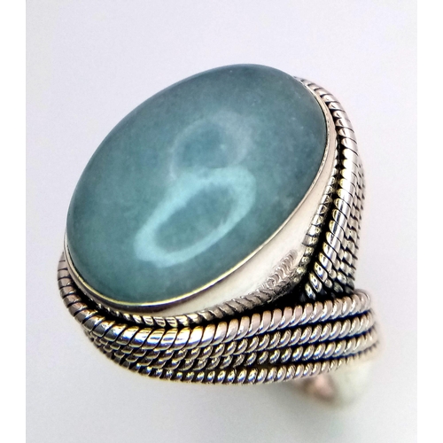 1102 - A 2009 Hallmarked Sterling Silver Aventurine Cabochon Set Ring Size L. Set with a 1.8cm Long Oval Av... 