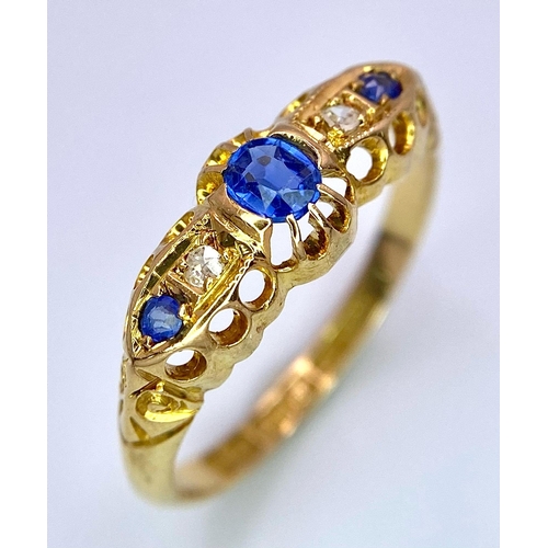 202 - An antique 18 K yellow gold ring with blue sapphires and old cut diamonds, beautifully hallmarked, d... 