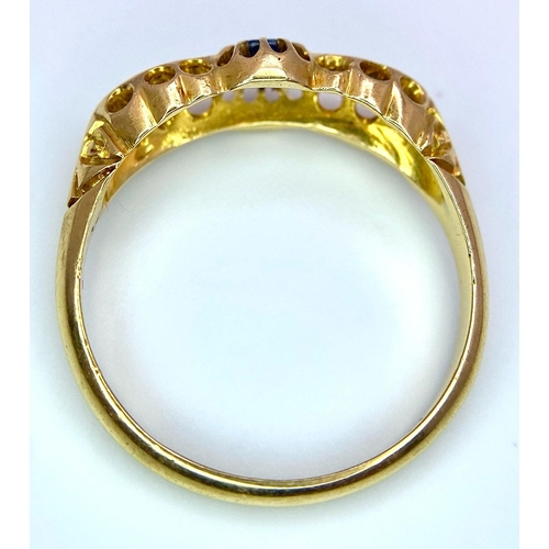 202 - An antique 18 K yellow gold ring with blue sapphires and old cut diamonds, beautifully hallmarked, d... 