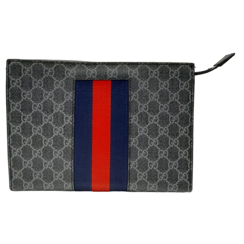 242 - A Gucci GG Supreme Pouch Canvas Bag. Monogram exterior with blue and red stripes. Beige textile inte... 