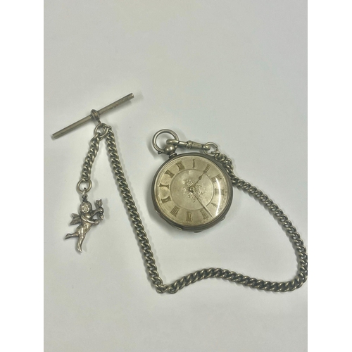 443 - Silver pocket watch with chain & fob AF