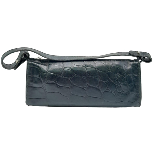 445 - A Black Leather Mulberry Baguette Bag. Textured exterior with Mulberry logo. Decorative textile inte... 