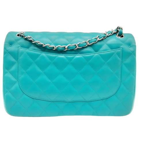 67 - A Chanel Jumbo Double Flap Bag. Beautiful pale blue quilted caviar leather exterior. Double entwined... 