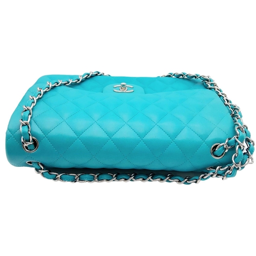 67 - A Chanel Jumbo Double Flap Bag. Beautiful pale blue quilted caviar leather exterior. Double entwined... 