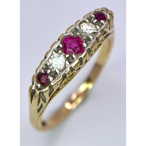 244 - A 18K Yellow Gold Diamond and Ruby 5 Stone Ring, 3.4g, (dia: 0.10ct/Ruby: 0.17ct) Size O

ref: SR26