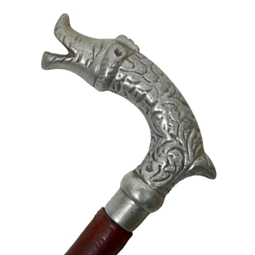 283 - An Extremely Rare Vintage or Antique White Metal Serpent Head Handle Sword Stick in Leather Sheath. ... 