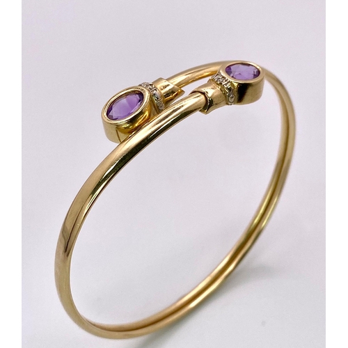 391 - A 9K yellow gold diamond and amethyst torque bangle.7g, 6cm diameter (amy:1.70ct/dia:0.01ct)

ref: S... 