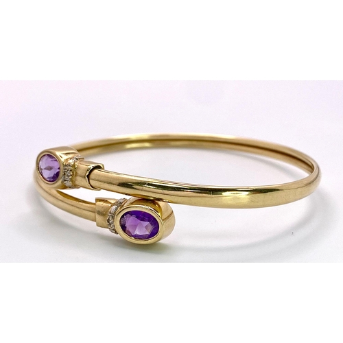 391 - A 9K yellow gold diamond and amethyst torque bangle.7g, 6cm diameter (amy:1.70ct/dia:0.01ct)

ref: S... 