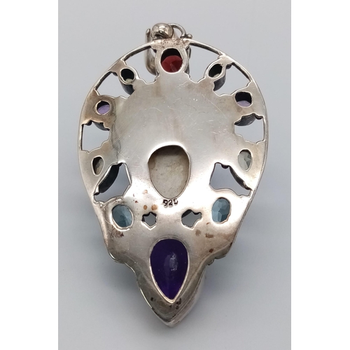 661 - A Vary Rare, Sterling Silver, Art Nouveau Design Multi-Gemstone, Deity Image Pendant. Pendant Measur... 