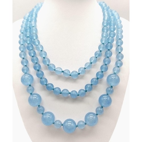 442 - A Rope Length Graduated Blue Jade Bead Necklace. Perfect for different wearing arrangements. 138cm n... 