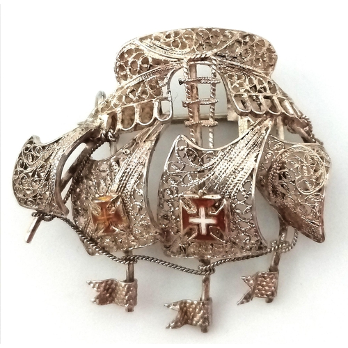 1091 - A Very Rare Vintage Continental Silver Filigree Galleon Brooch 3.4cm Wide.