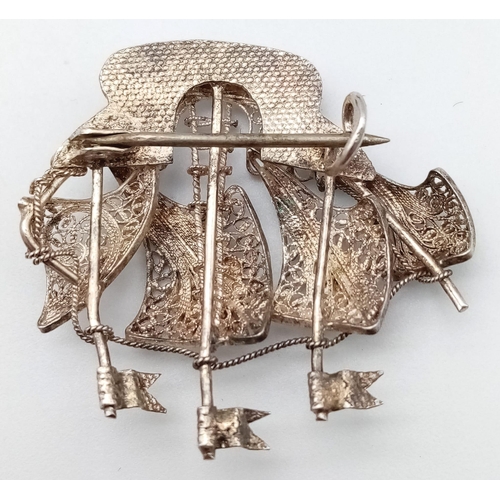 1091 - A Very Rare Vintage Continental Silver Filigree Galleon Brooch 3.4cm Wide.