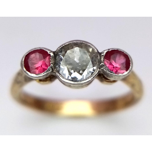 265 - A 18K YELLOW GOLD OLD CUT DIAMOND &RUBY 3 STONE RING 0.40CT 2.5G SIZE K

ref: RPM 1003