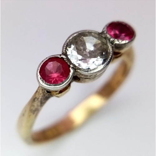 265 - A 18K YELLOW GOLD OLD CUT DIAMOND &RUBY 3 STONE RING 0.40CT 2.5G SIZE K

ref: RPM 1003