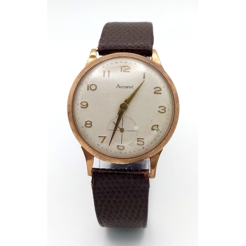 333 - A Vintage Accurist 9K Gold Cased Gents Watch. 21 jewels In need of repair (missing winder) so a/f.