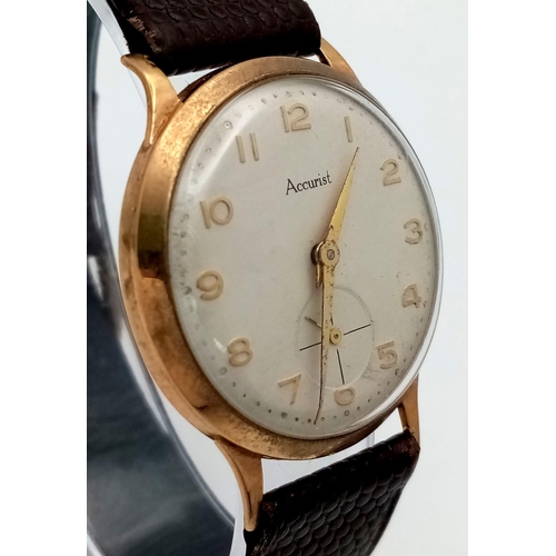 333 - A Vintage Accurist 9K Gold Cased Gents Watch. 21 jewels In need of repair (missing winder) so a/f.