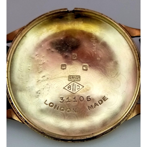 333 - A Vintage Accurist 9K Gold Cased Gents Watch. 21 jewels In need of repair (missing winder) so a/f.