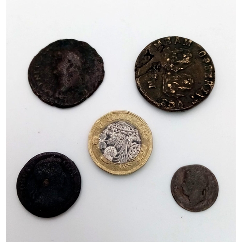 415 - 2 x Roman coins - 1 x Nero, 1x Denarius PLUS 2 smaller copper ancient coins. Four coins in total.