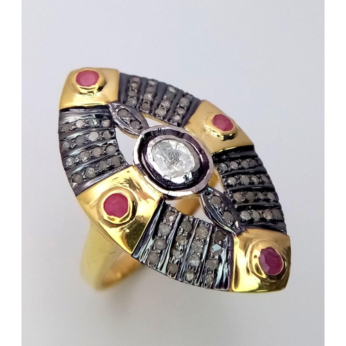 170 - A unique, vintage, South African silver and gold ring with natural old cut diamonds and rubies. The ... 