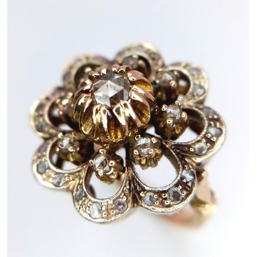 62 - A 14K YELLOW GOLD VINTAGE OLD CUT DIAMOND CLUSTER RING, IN THE FLORAL DESIGN 0.30CT 7.3G SIZE M 1/2
... 