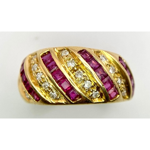 76 - A 18K YELLOW GOLD DIAMOND & RUBY STRIPED RING. 5.9G SIZE L

ref: SC 1096