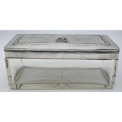 33 - A Rare 1936 Christmas Gift Crystal Glass Box with hallmarked .800 silver lid, that has been hand eng... 