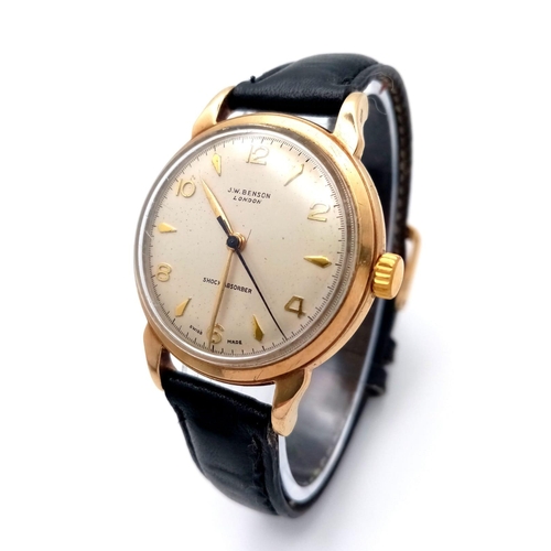 254 - A FABULOUS EXAMPLE OF A VINTAGE 9K GOLD WRIST WATCH MADE BY THE FAMOUS J.W BENSON COMPANY , RECENTLY... 