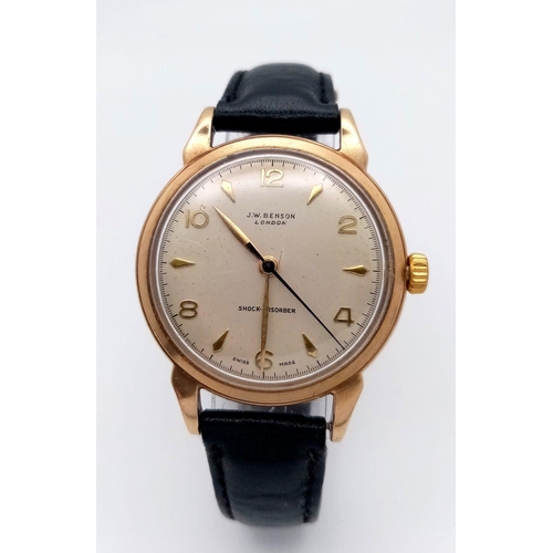 254 - A FABULOUS EXAMPLE OF A VINTAGE 9K GOLD WRIST WATCH MADE BY THE FAMOUS J.W BENSON COMPANY , RECENTLY... 